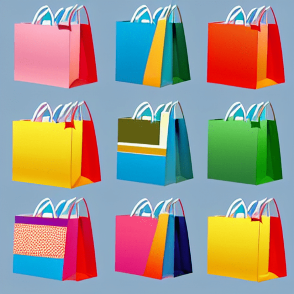 Multiple different coloured shopping bags. 3 x 3 across a lilac background.