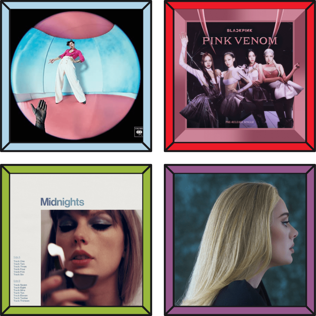 Blue frame with Harry Styles album cover in. Red frame with BLACKPINK album cover in. Green frame with Taylor Swifts album cover in. Purple frame with Adele album cover in.