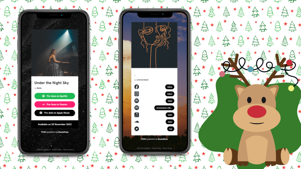 Christmas tree background. In the foreground are two smartphones with campaigns on. There is a cartoon reindeer on the right with a green splodge behind.