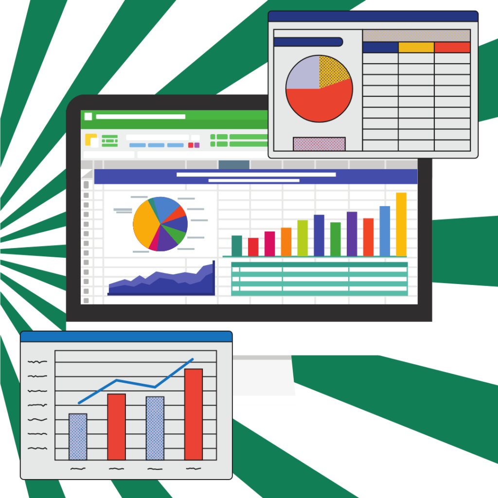 Green lined background. In the foreground there are multiple types of graphs and charts.