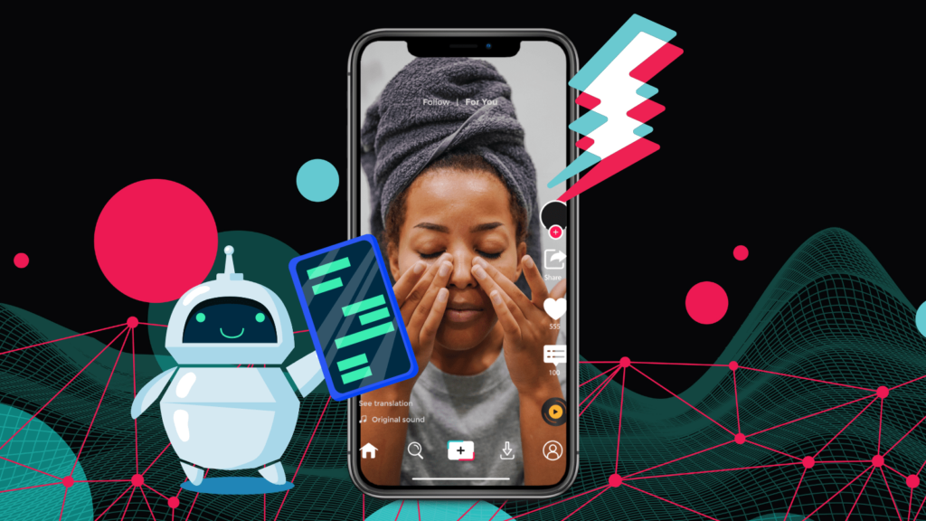 Black background with pink and blue circles and shapes. There is a smartphone in the middle and a lady is doing a skincare routine for a TikTok video. Next to the phone is a lightning bolt and a robot holding a phone.