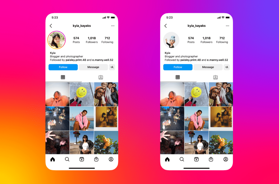 Two images side-by-side of an Instagram profile displaying both the profile picture and the avatar. 