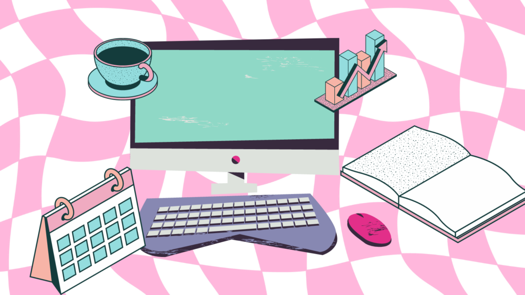 Retro pink chequered background, with a retro computer, calendar, book, coffee cup and graph icons. 