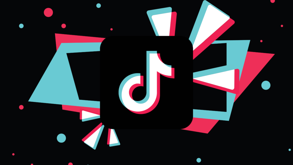 Black background with blue, pink and white shapes surrounding a TikTok logo.