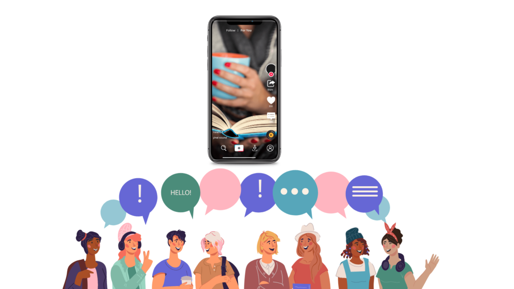 Smartphone showing someone holding a coffee and reading a book on TikTok. Underneath are multiple people all with various speech bubbles.