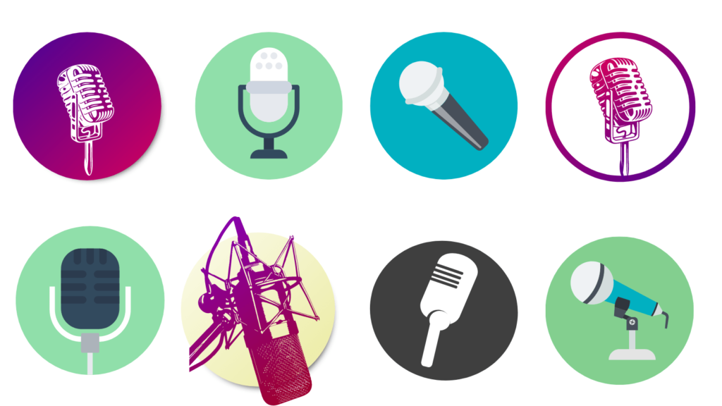 Various microphone styles against coloured circles