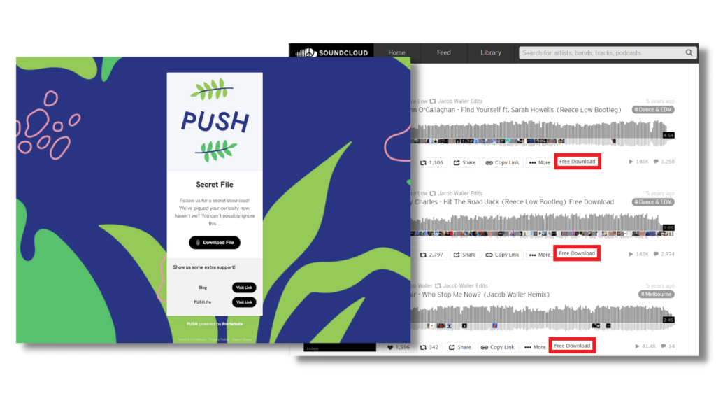 PUSH Reward Link example sat against SoundCloud with download button