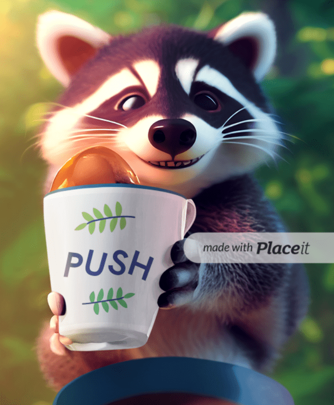 Racoon with mug with PUSH logo on