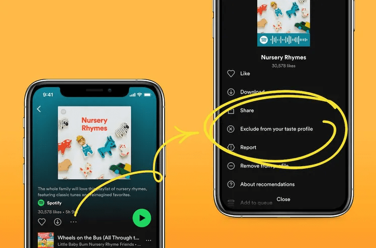 Two smartphones with Spotify loaded. Both against a yellow background. They are displaying the new feature.