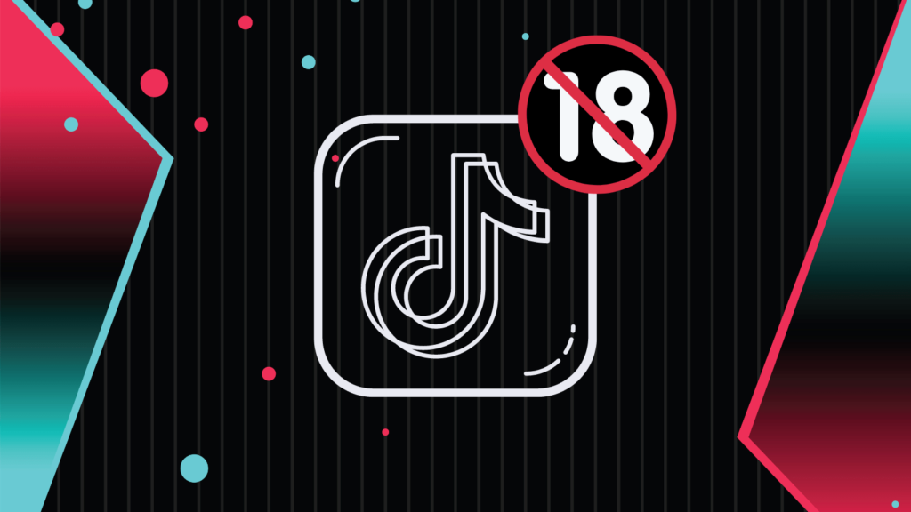 TikTok logo against black, purple and blue background with 18 sign.