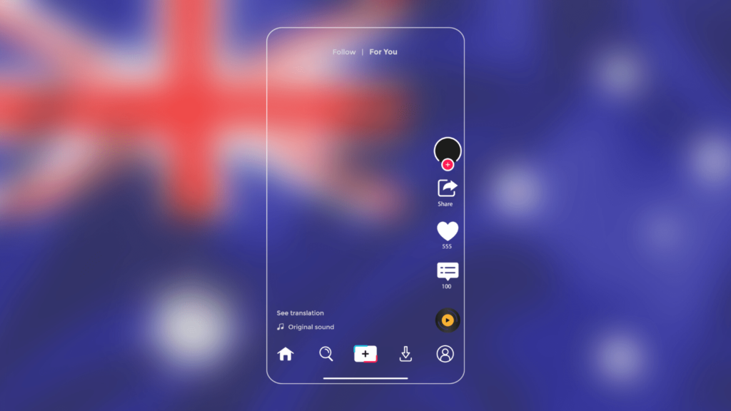 Australian flag blurred in the background, in the foreground there is a TikTok app frame