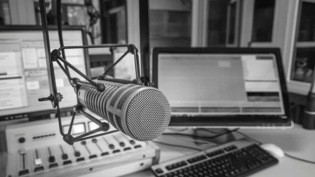 Radio studio set up in black and white