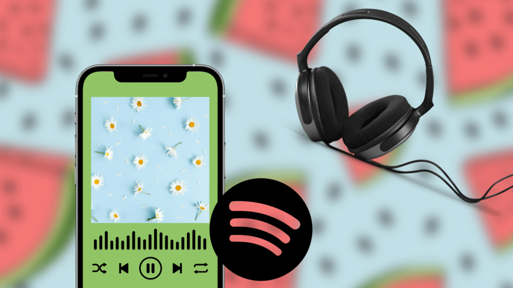 Watermelon background, with a smartphone and headphones in the foreground. Smartphone has Spotify loaded and a logo next to it.