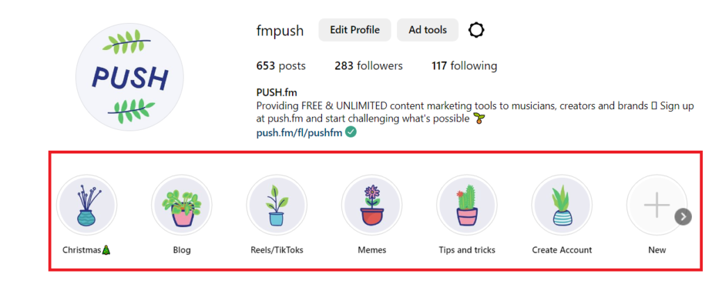 Example of Instagram highlights from PUSH.fm's Instagram