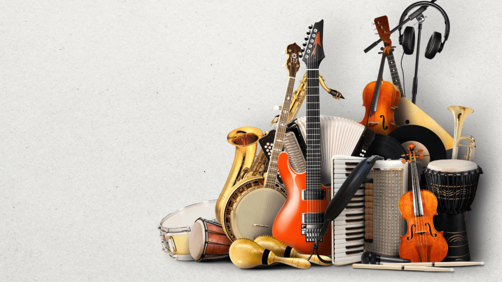 Lots of musical instruments piled into the right-hand corner of the frame. 