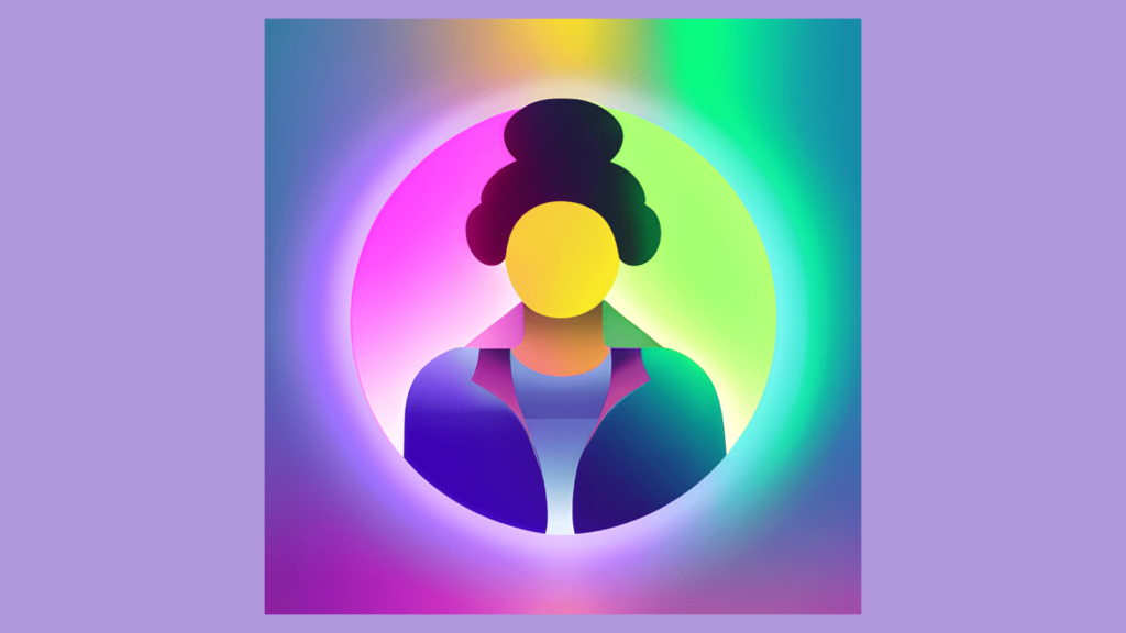 Cartoon outline of a person within a circle frame, sat against a square frame. All in gradient colours.