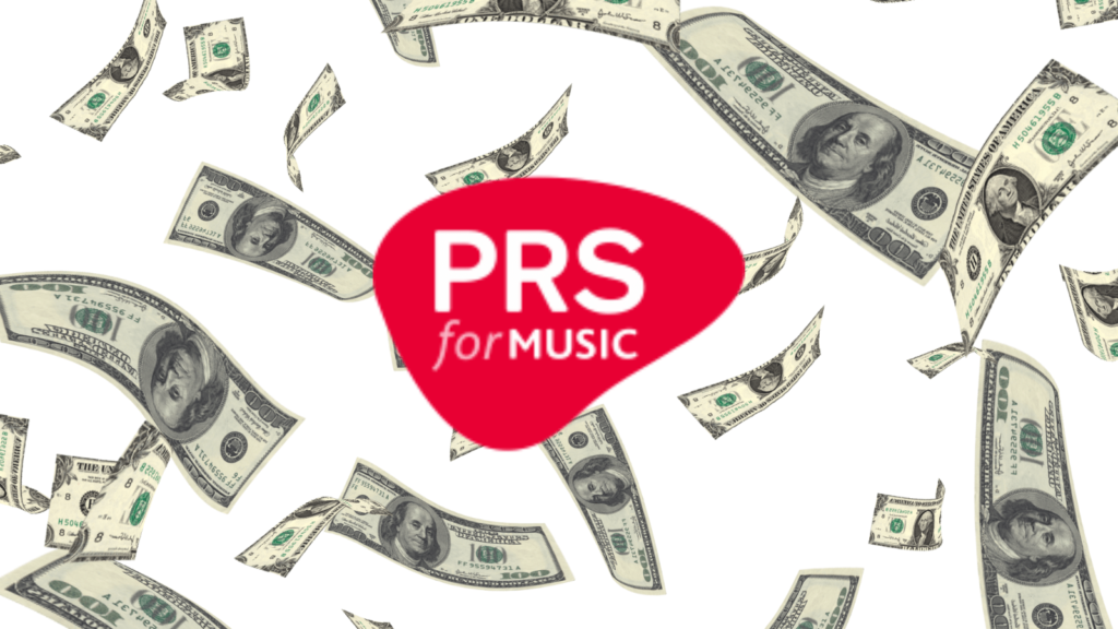 PRS for music logo with dollars falling in the background.