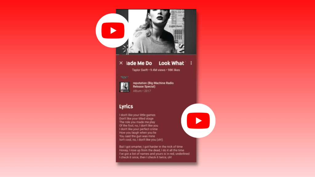 YouTube logos, surrounding a Taylor Swift song with lyrics displaying on a gradient red background 