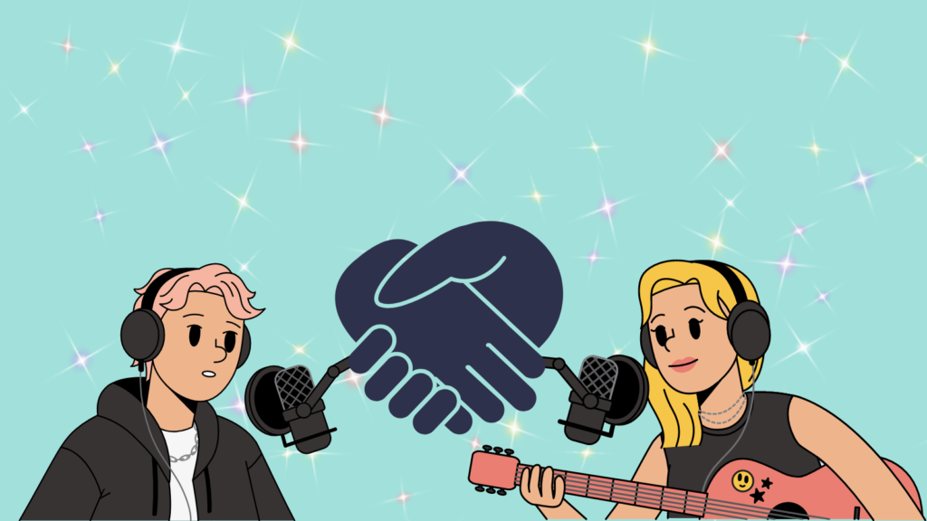 Blue sparkle background. In the foreground there is a man on the left with headphones and a microphone. On the right is a female with a guitar, headphones and a microphone. In the middle are two shaking hands.