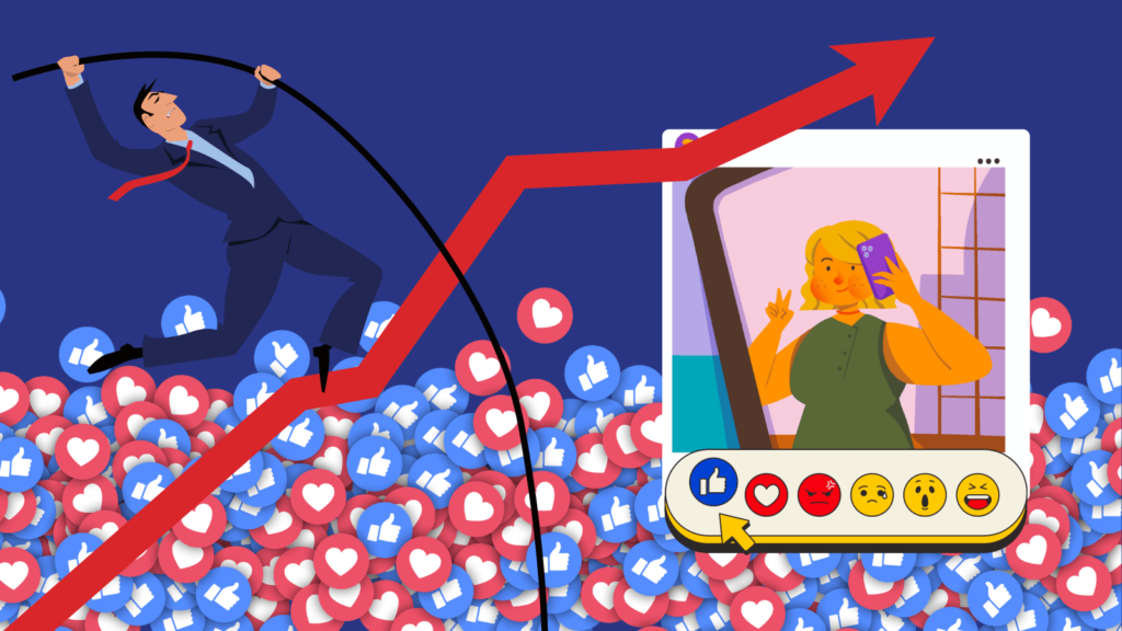 Cartoon of a man pole jumping over a graph line. Surrounded by Instagram and Facebook likes. To the right of this is a cartoon selfie of a girl pouting on Instagram with reactions underneath.