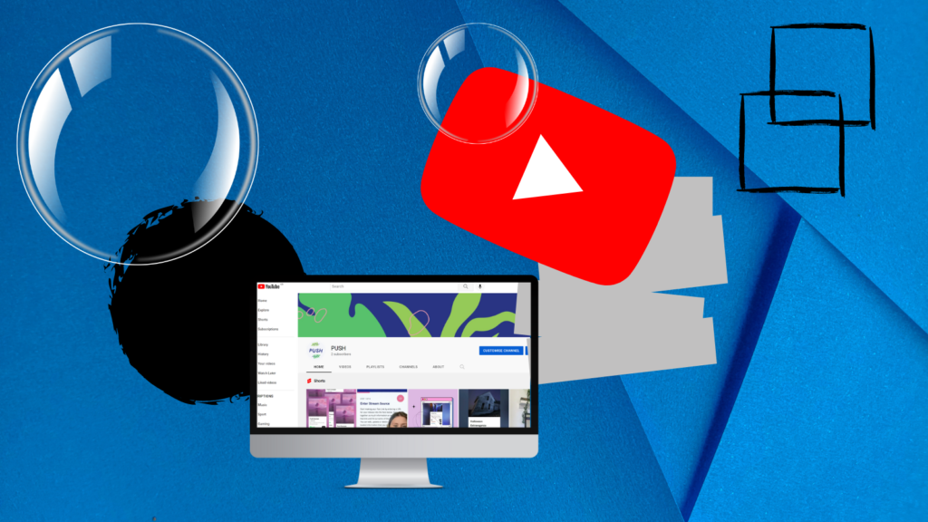 Blue background, YouTube logo, YouTube loaded onto a computer screen, bubbles, black circle, grey thick lines and two black squares.