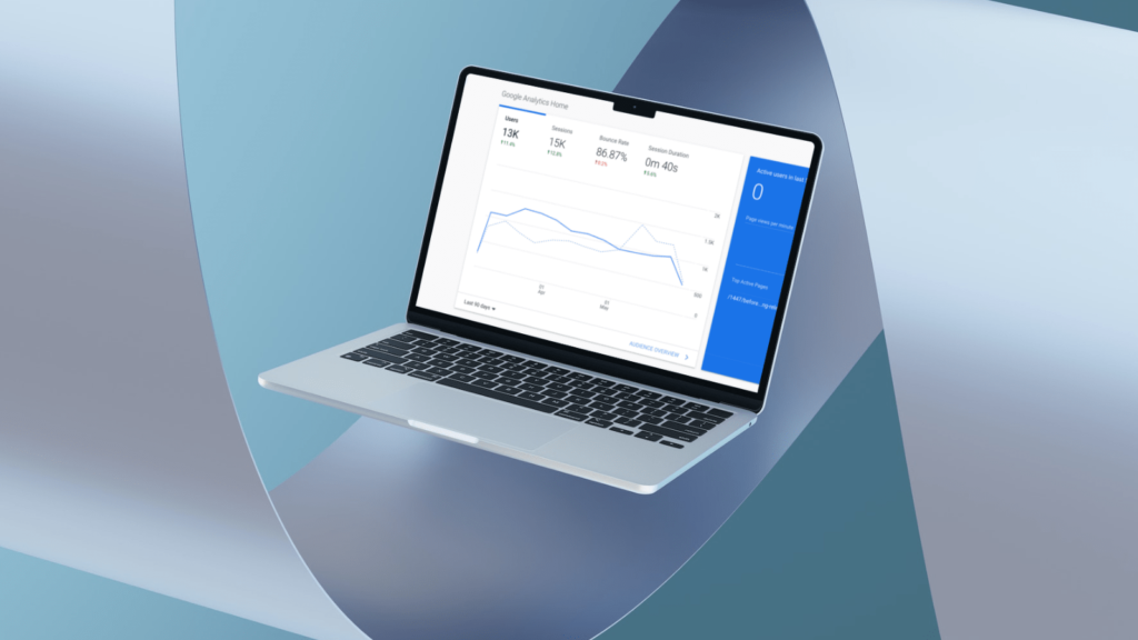 Google Analytics overview against a blue and grey background with a swirl.