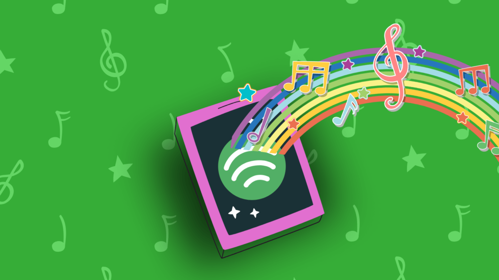 Green background with music symbols. Tablet with a Spotify logo. Coming out of the tablet is a rainbow with music symbols.
