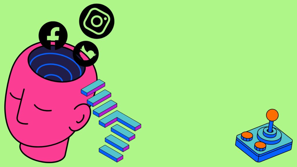 Green background with pink cartoon head. The head is zapping in various social media logos. Next to the head are steps and a joystick.
