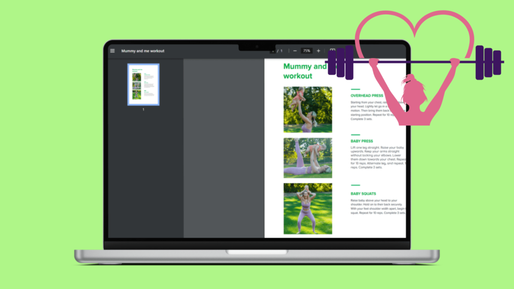 Mummy and me workout guide on a laptop. Next to the laptop is a weight lifting female graphic 