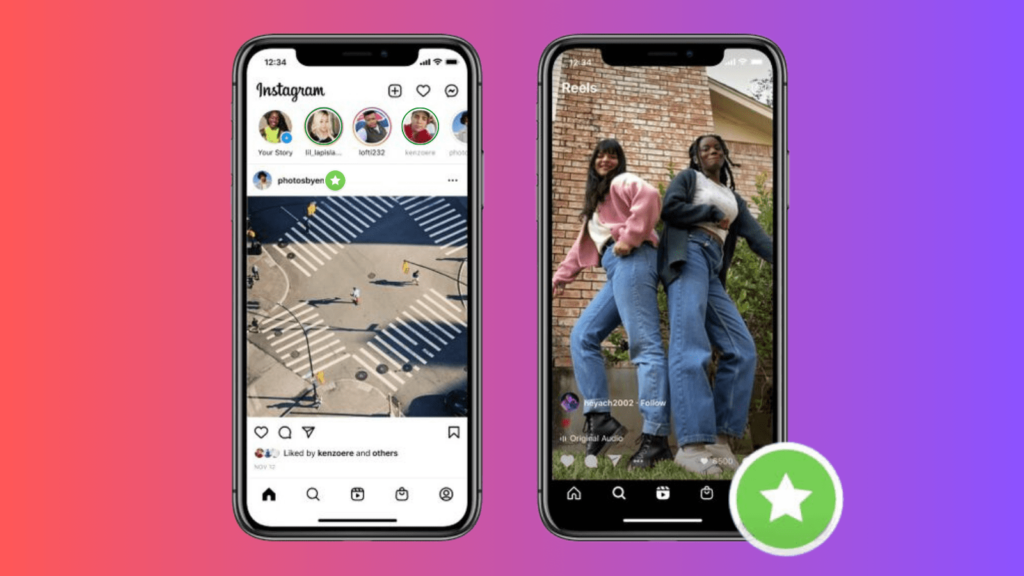 Pink and purple gradient background. Two side by side smartphones displaying Instagram. The Close Friends green star is shown.