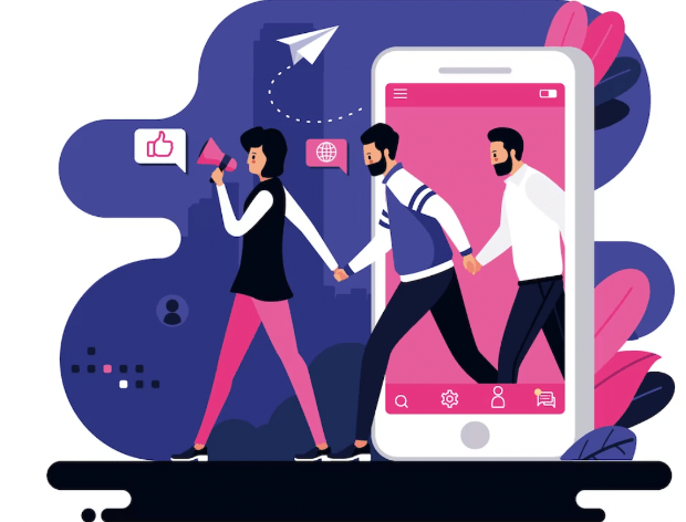 Graphics of people walking out of a smartphone holding hands. The person at the front has a megaphone. 