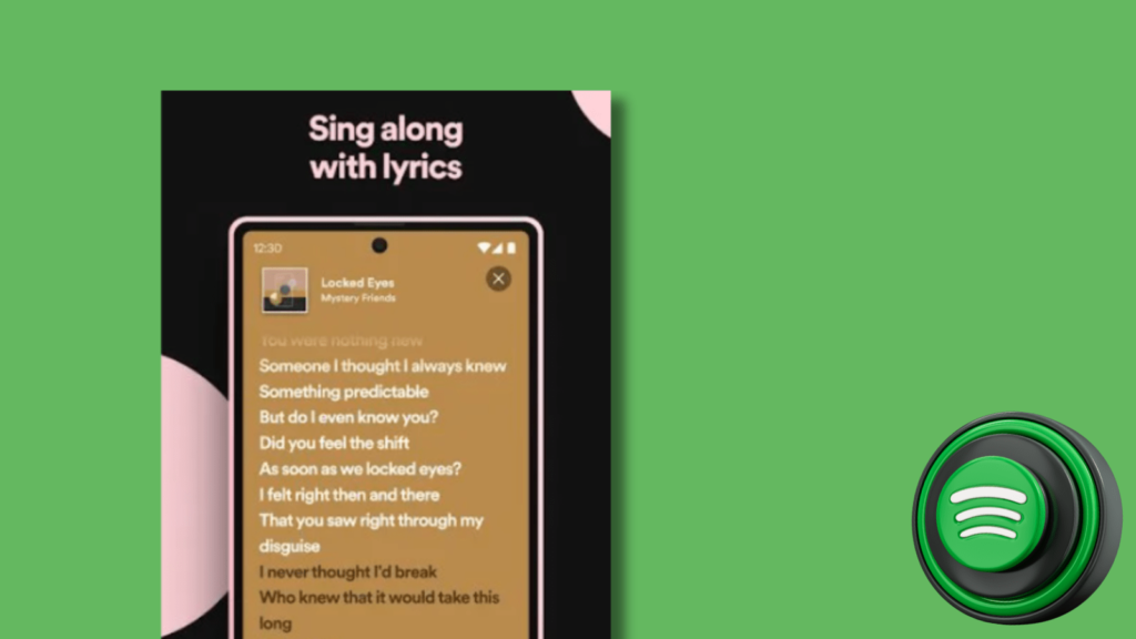 Spotify lyrics displayed against a green background. In the corner is a Spotify logo.