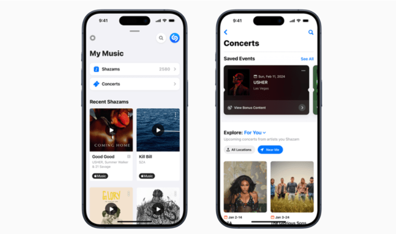 Shazam Concerts - a new feature allowing music fans to discover concerts in their area. Picture of Concerts feature on Shazam.