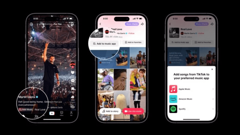 Music streaming stores Spotify and Amazon Music have made a deal with TikTok to directly link apps. Screenshot of the Add to music app button.
