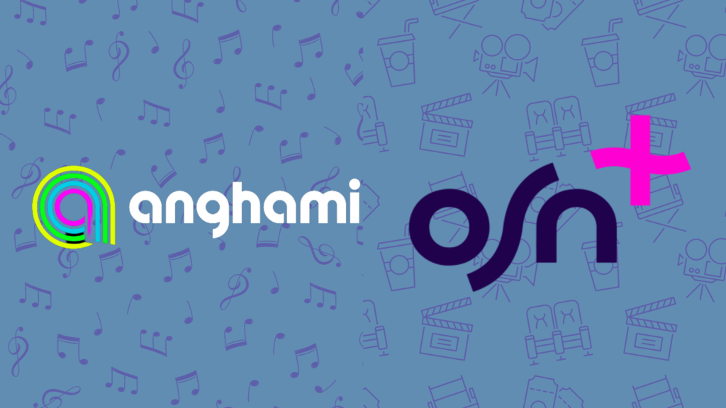 Netflix rival OSN+ have partnered with music store Anghami to change entertainment in the Middle East. Blue background with musical notes on one side and film icons on the other. On the music side is Anghami's logo and on the other is the OSN+ logo.