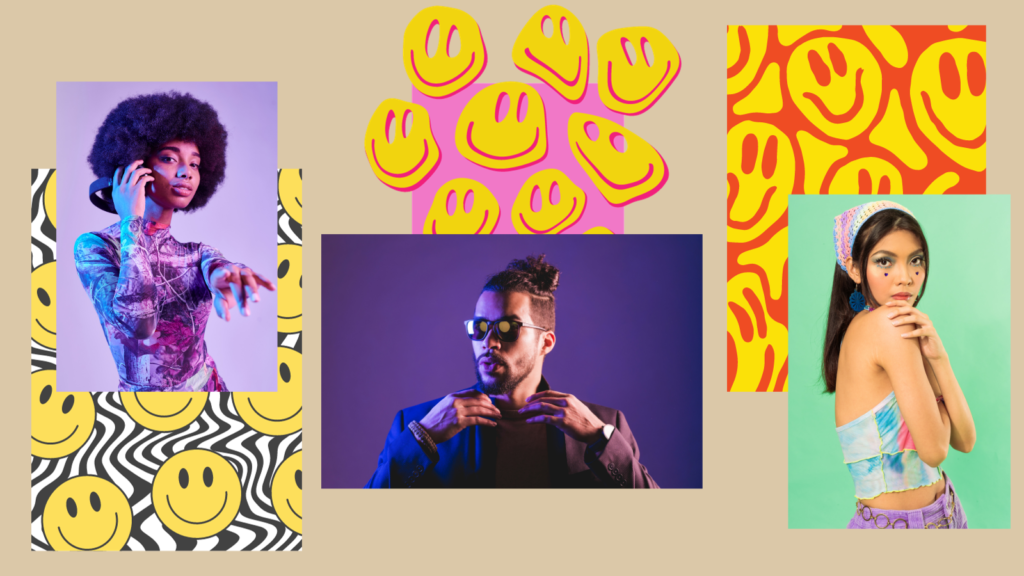 Spotify adapt royalty system to bring $1 billion more to music artists. Brown background, with 3 different smiley face design rectangles. On each of these rectangles are a photo of a music artist.