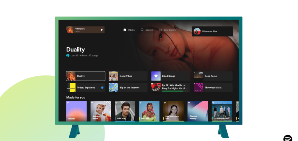 Spotify have redesigned their TV app to improve the user experience. Spotify music shown on TV.