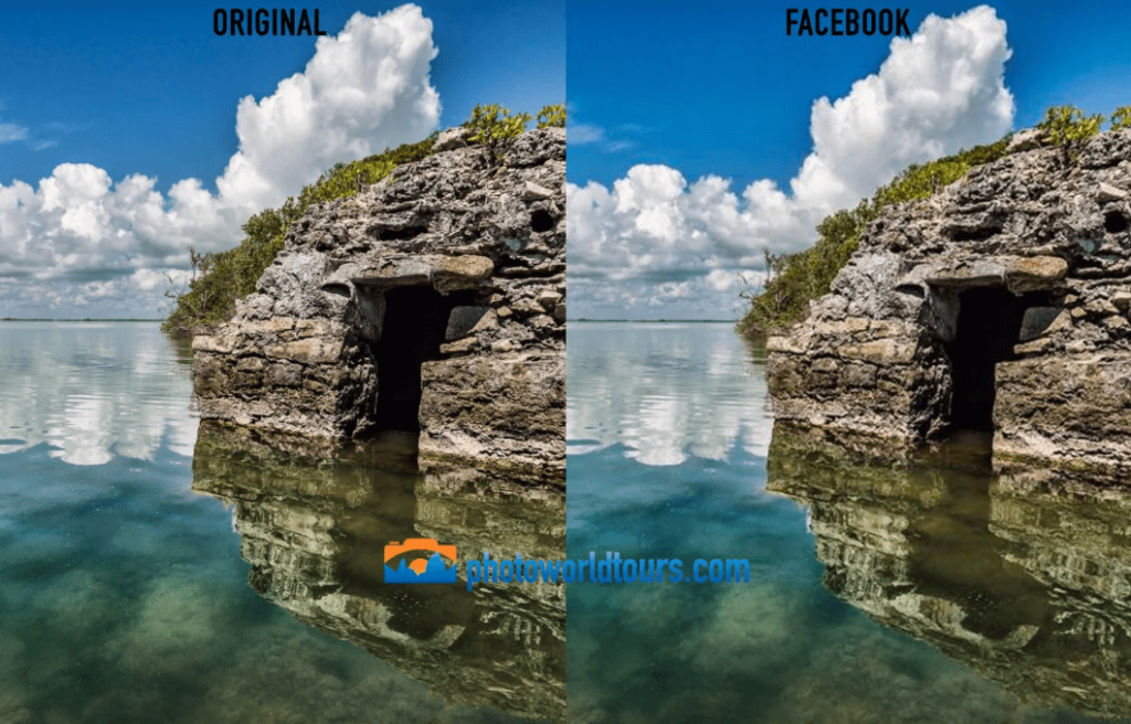 Why does Facebook reduce image quality, and how can you fix this? Two photographs side by side of a rock face next to the sea. One is original quality and the other is Facebook's quality.