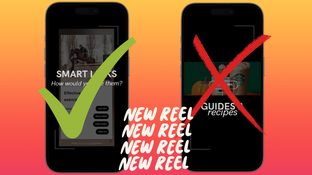 Why Instagram Reels should never be landscape. Ombre red, orange, pink and yellow background. In the foreground are two smartphones, one with a Reel displayed in portrait format and the other in the landscape formatting. The portrait one has a green tick and the landscape a red cross. In between both is a graphic saying New Reel multiple times.