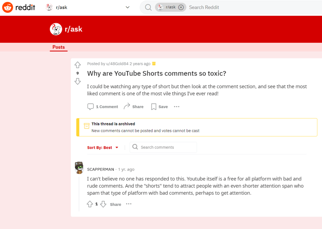 YouTube Shorts comment section - a negative place to be compared to TikTok's. Screenshot of Reddit question.