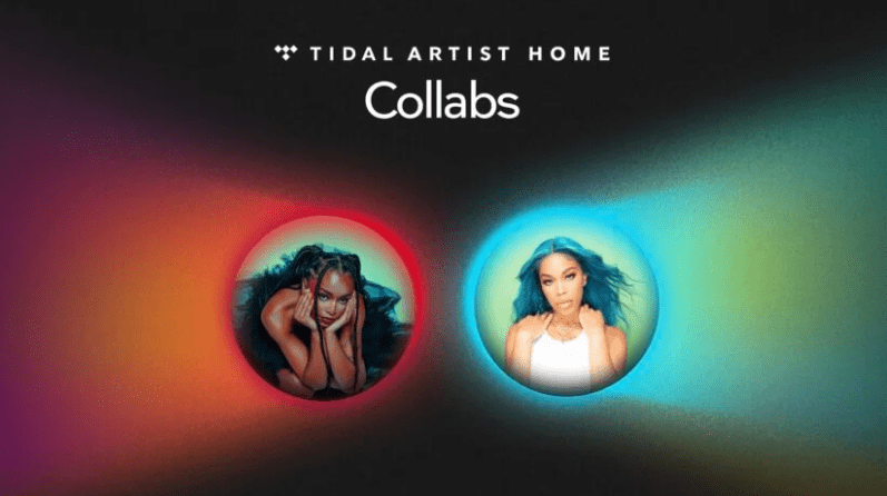 Tidal's new collab tool will suggest music artists you could connect with. Black background with Tidal branding. In the foreground is two circles, one red and one blue, each circle has an artist in.