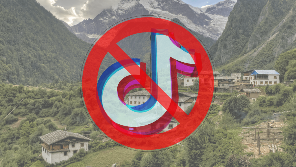Nepal is the next country to ban TikTok. Image of mountains in Nepal. Covering them is the TikTok logo in a banned circle.
