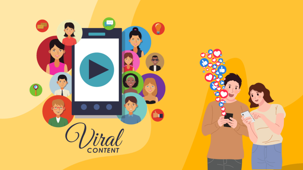What exactly does it mean to go viral? A yellow wavey background. In the foreground are two cartoon people looking at their phones, one has lots of Instagram and Facebook likes coming from it. Next to them is a smartphone cartoon with lots of cartoon people surrounding it and the words "Viral content".