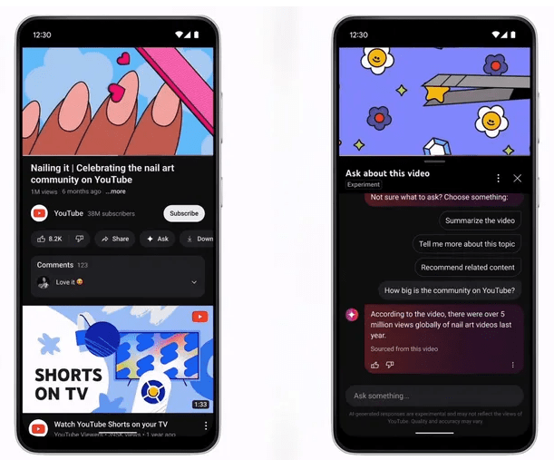 YouTube chatbot will appear under certain videos. Two side by side smartphones. Loaded on both screens are examples of the chatbot.