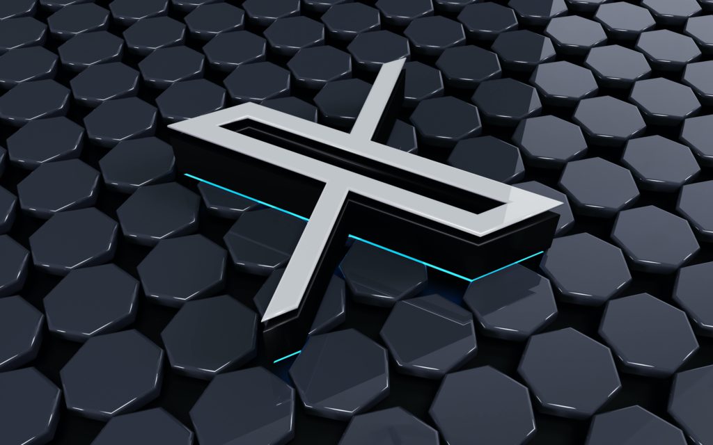 X (formerly Twitter) changes algorithm to highlight small accounts according to Elon Musk. Lots of hexagons lined up. On top of them all is a giant X logo.