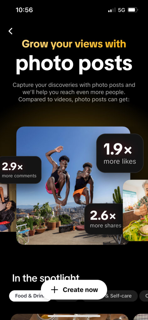 Grow your TikTok account by creating photo posts. Screenshot of TikTok promoting photo posts with statistics. 