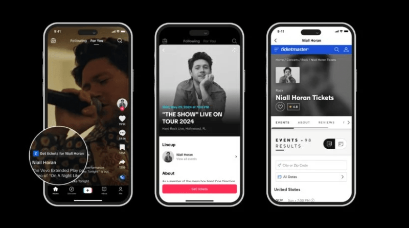 75,000 music artists can sell out tours through TikTok's new ticket selling feature. Three smartphones lined up, all have a different view of the ticket system on TikTok.
