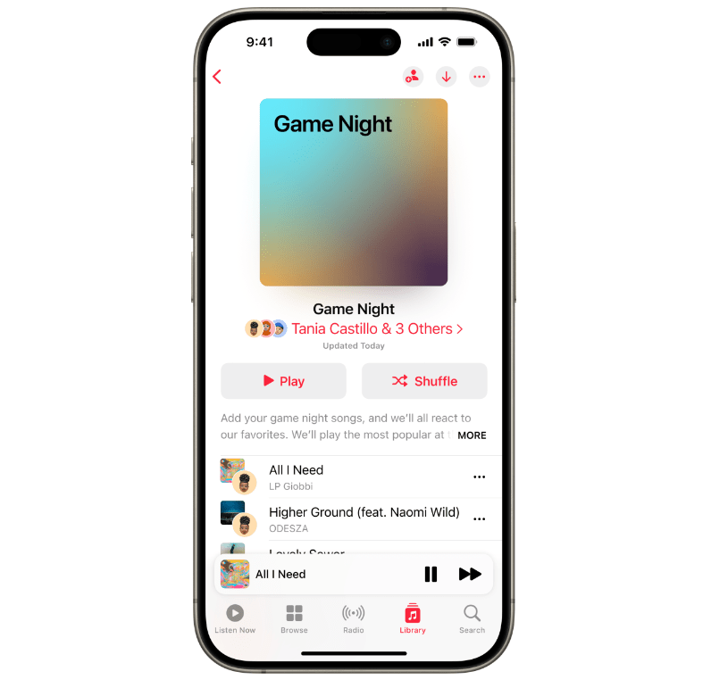 Create collaborative playlists with friends through your Apple Music account. Screenshot of an Apple Music collaborative playlist.
