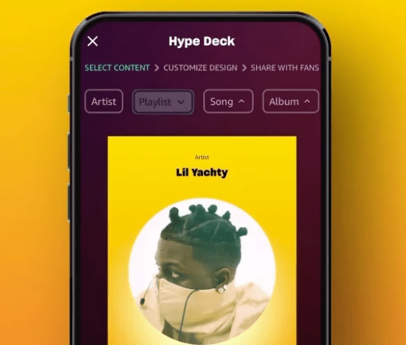 Hype Deck - a new Amazon Music for Artists promotional tool, Yellow background with a photo of Hype Deck loaded on a smartphone.