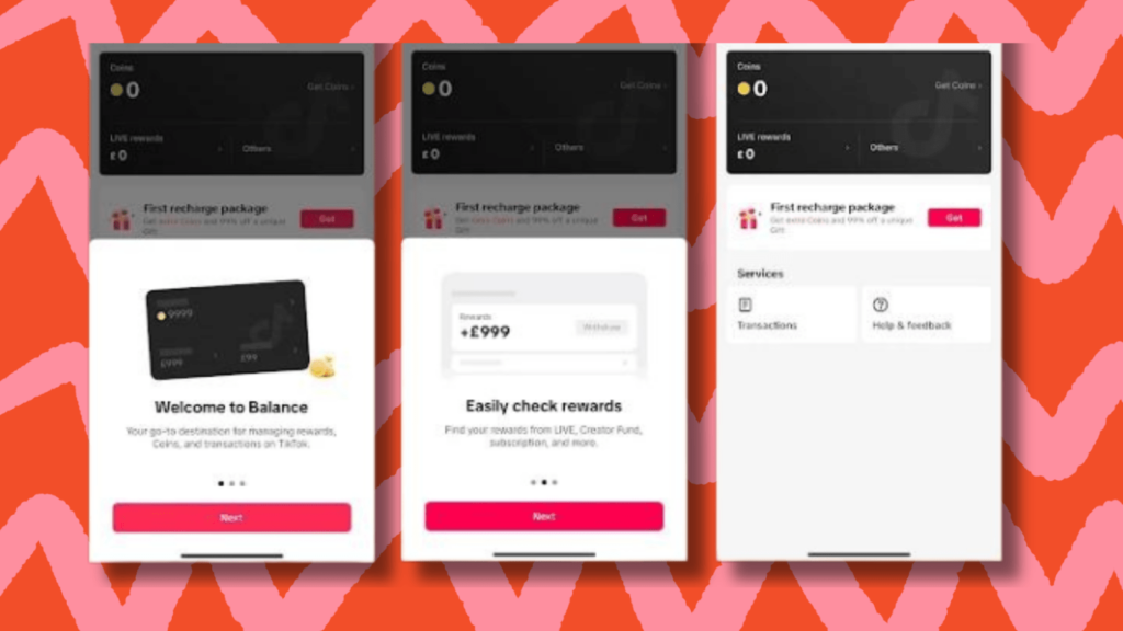 What is a TikTok wallet, and how can you access yours? Red and pink squiggle background. In the foreground is 3 screenshots of the TikTok wallet.